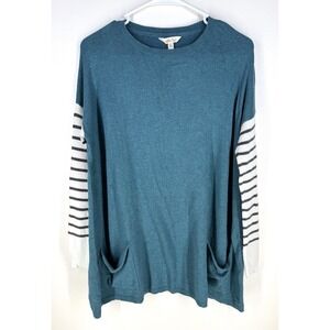 Matilda Jane Women Corie Pullover Sweater Tunic Teal Striped Sleeves Sz Medium